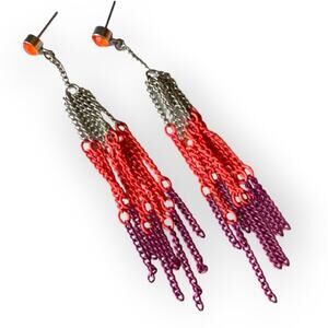 BOGO Tri-tone magenta/salmon/silver chain fringe post earrings